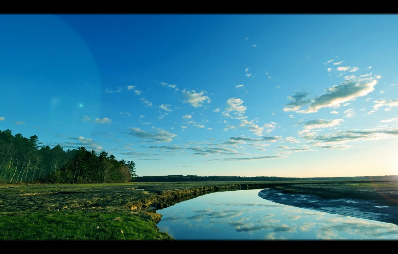 Photo wallpaper forest, the sky, the sun, river, dal, morning