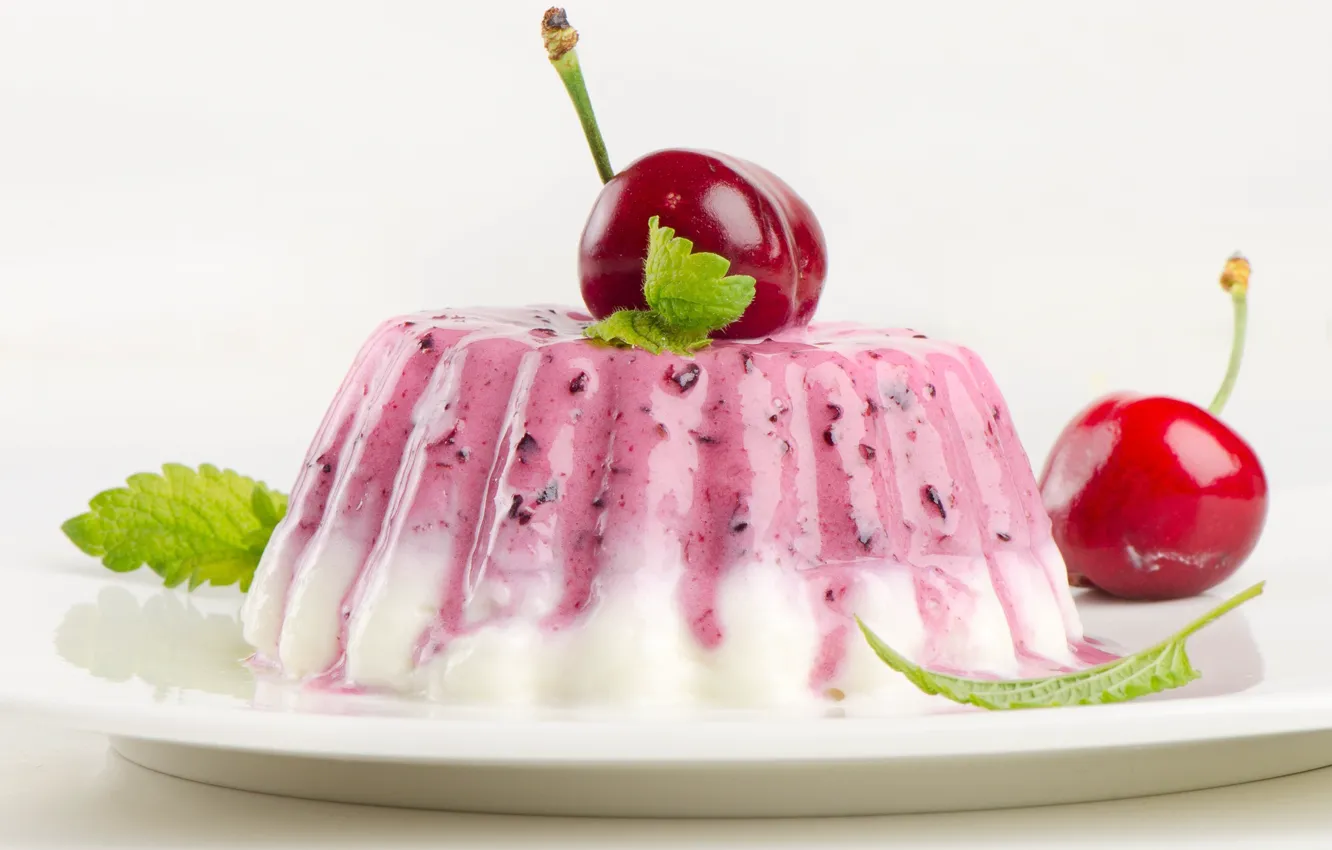 Photo wallpaper cherry, mint, dessert, sweet, jelly