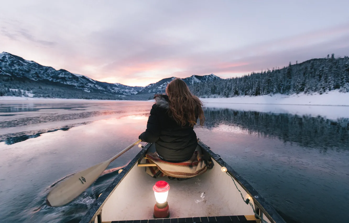Photo wallpaper girl, mountains, boat, girl, Canoeing, paddle, canoe, the mountains