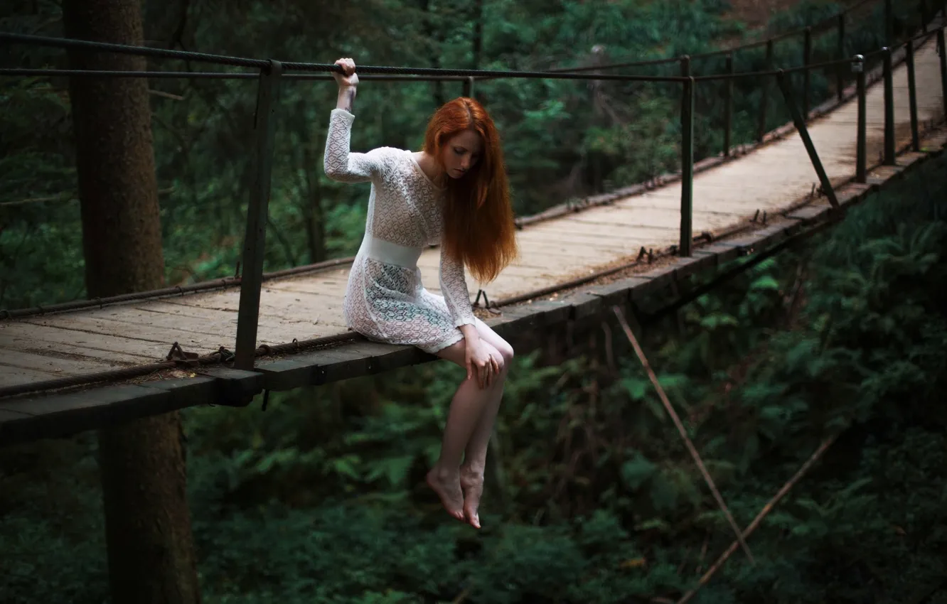 Photo wallpaper girl, bridge, nature, pose, height, dress, Evgeny Reshetov
