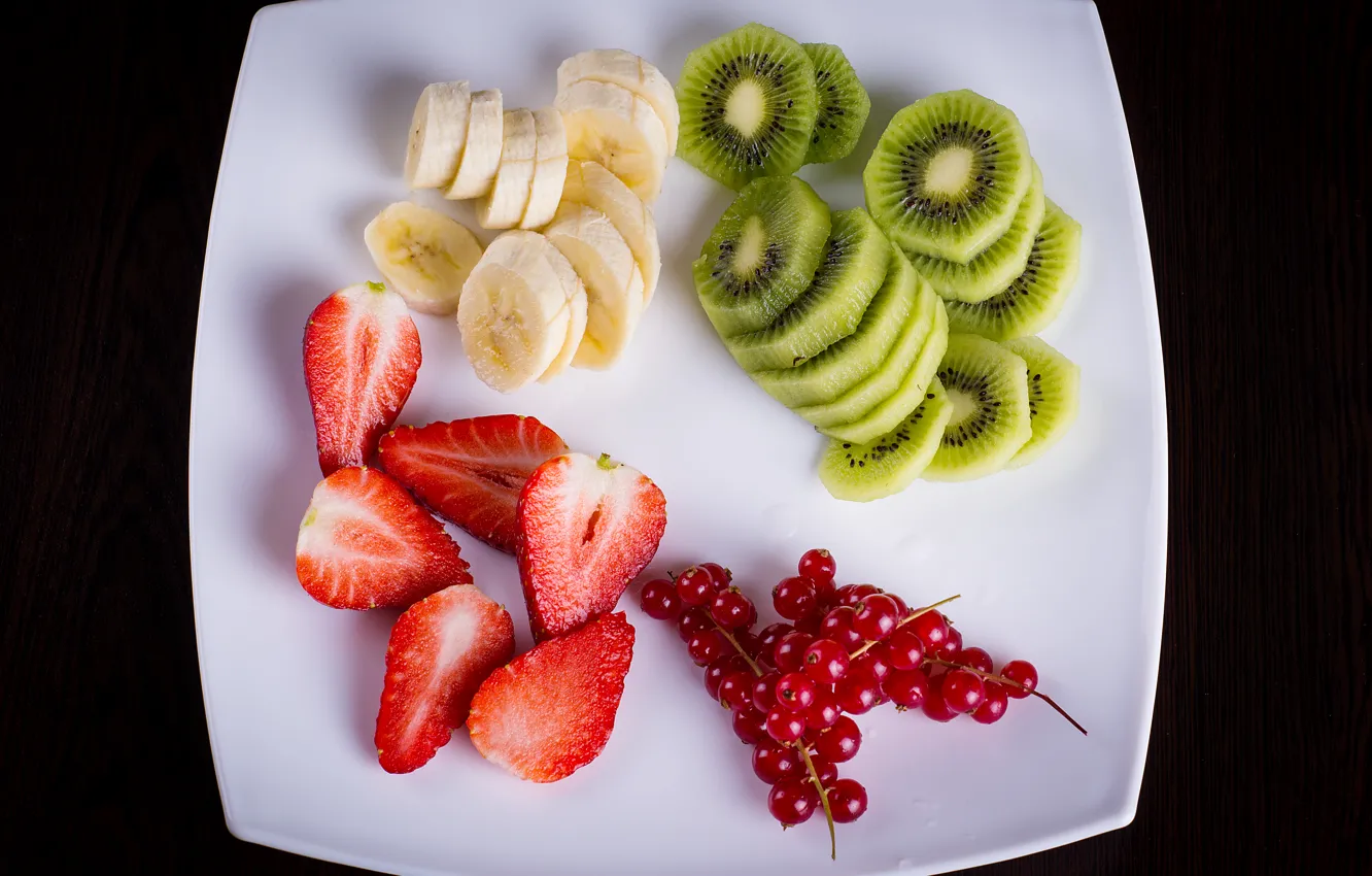 Photo wallpaper berries, kiwi, strawberry, plate, fruit, banana, fresh, dessert