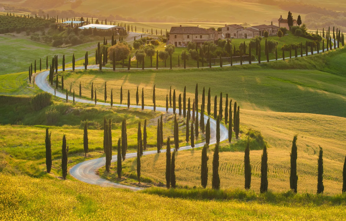 Photo wallpaper road, landscape, house, Italy, house, road, landscape, Italy