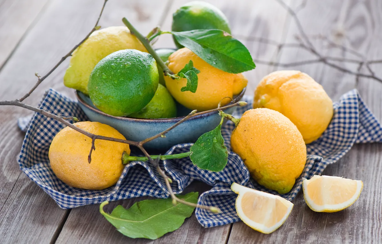 Photo wallpaper leaves, lemon, dishes, lime, citrus, fruit, napkin