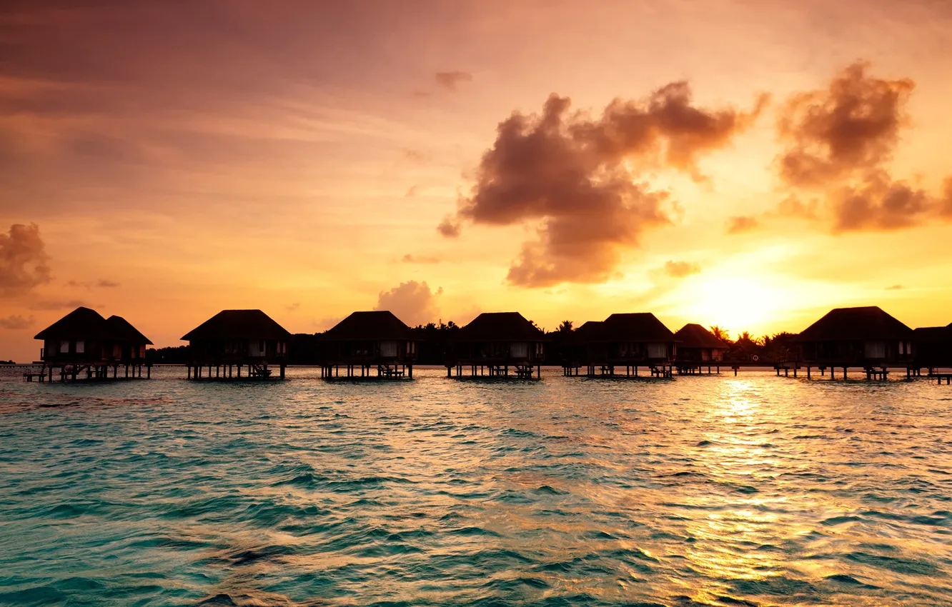 Photo wallpaper sea, the sky, sunset, tropics, coast, The Maldives, Bungalow