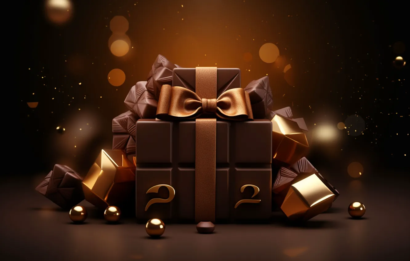 Photo wallpaper balls, the dark background, gift, new year, chocolate, Christmas, gold, gold plated