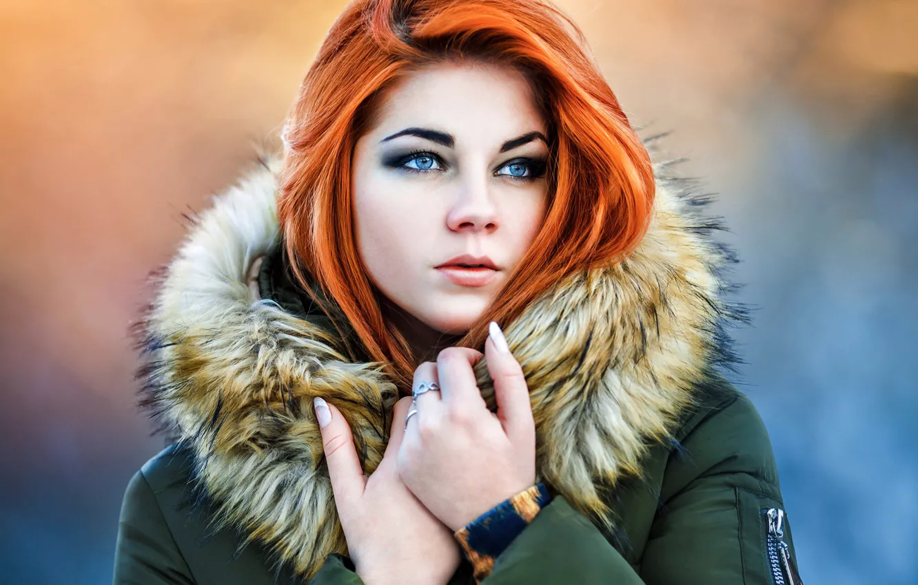 Photo wallpaper jacket, hood, fur, redhead, Masha Fox