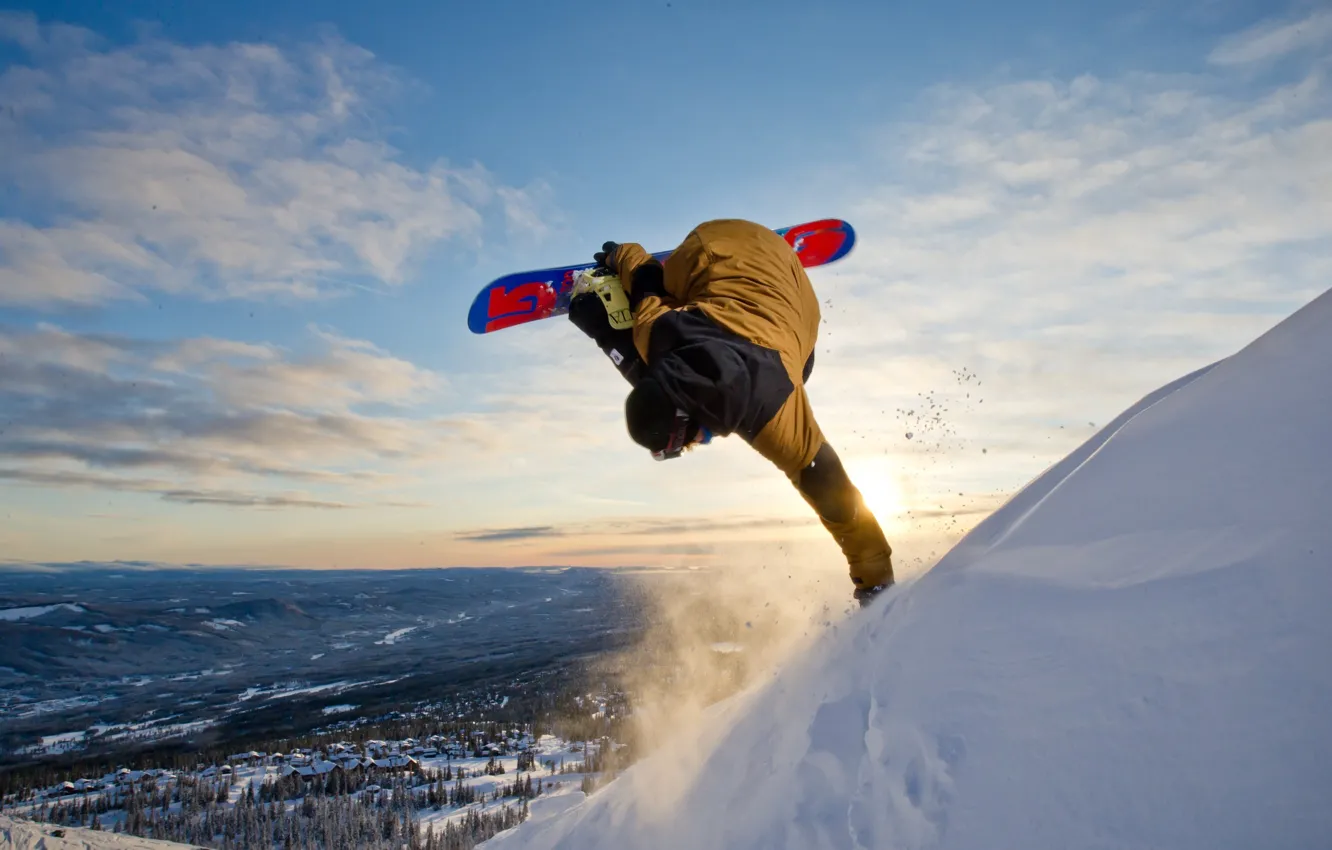 Photo wallpaper forest, the sky, snow, mountains, jump, snowboard, snowboarding, the descent