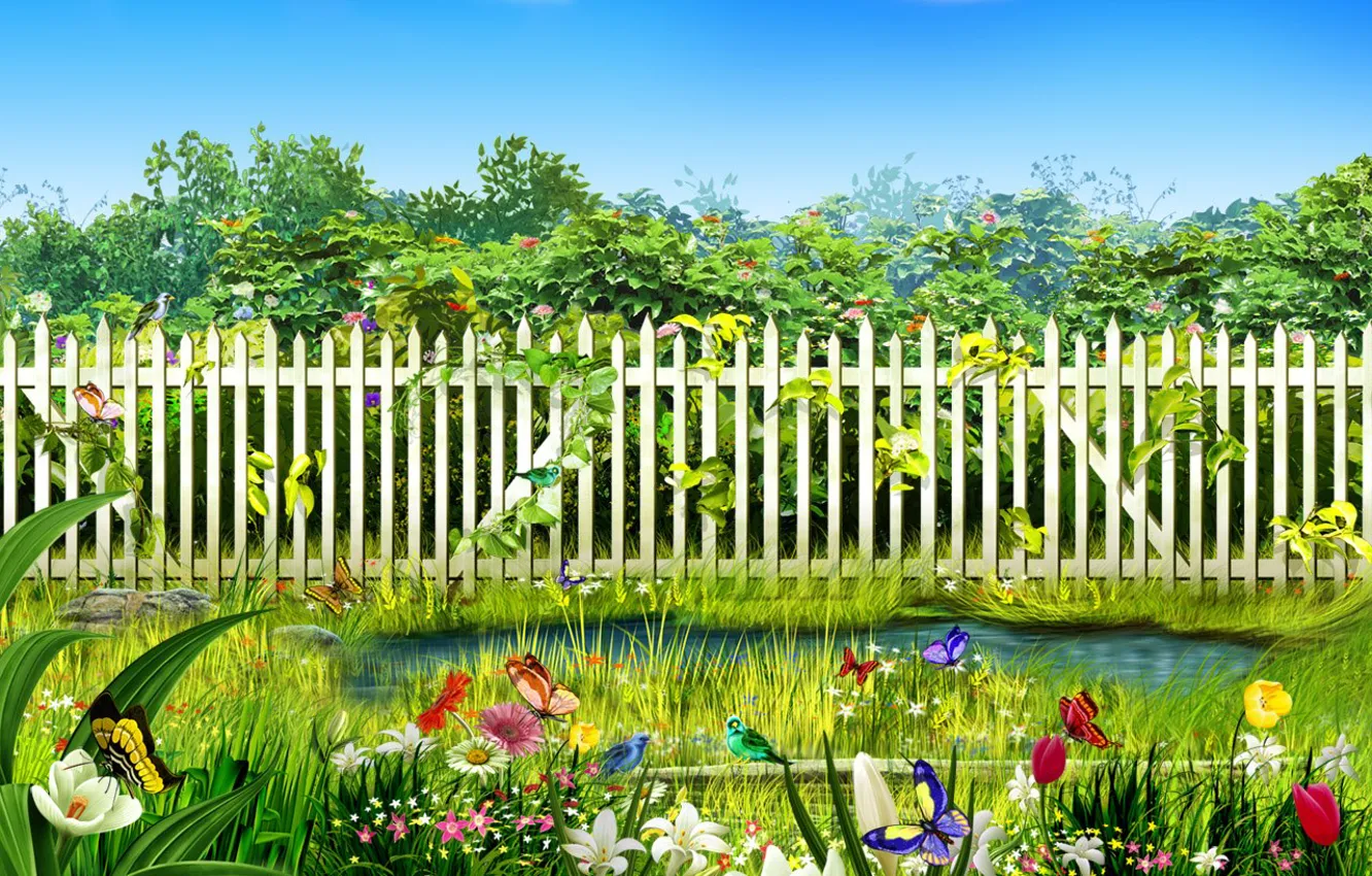 Photo wallpaper flowers, birds, stream, the fence