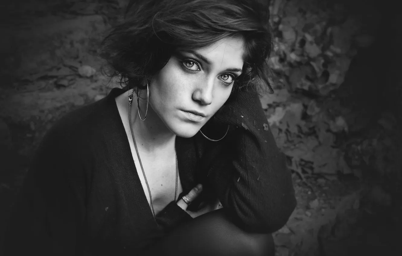 Photo wallpaper eyes, look, girl, earrings, brunette, black and white