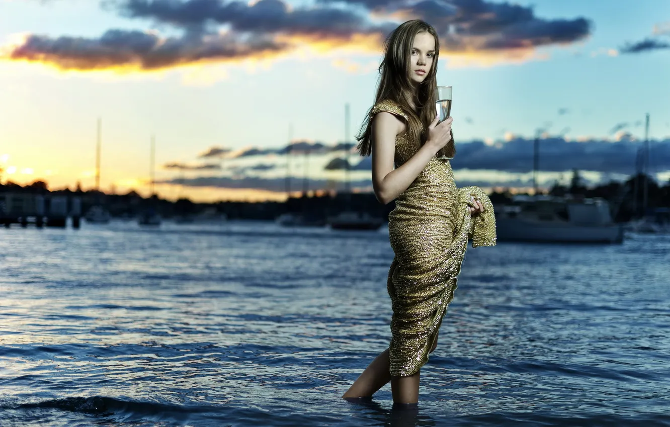 Photo wallpaper girl, sunset, river, glass