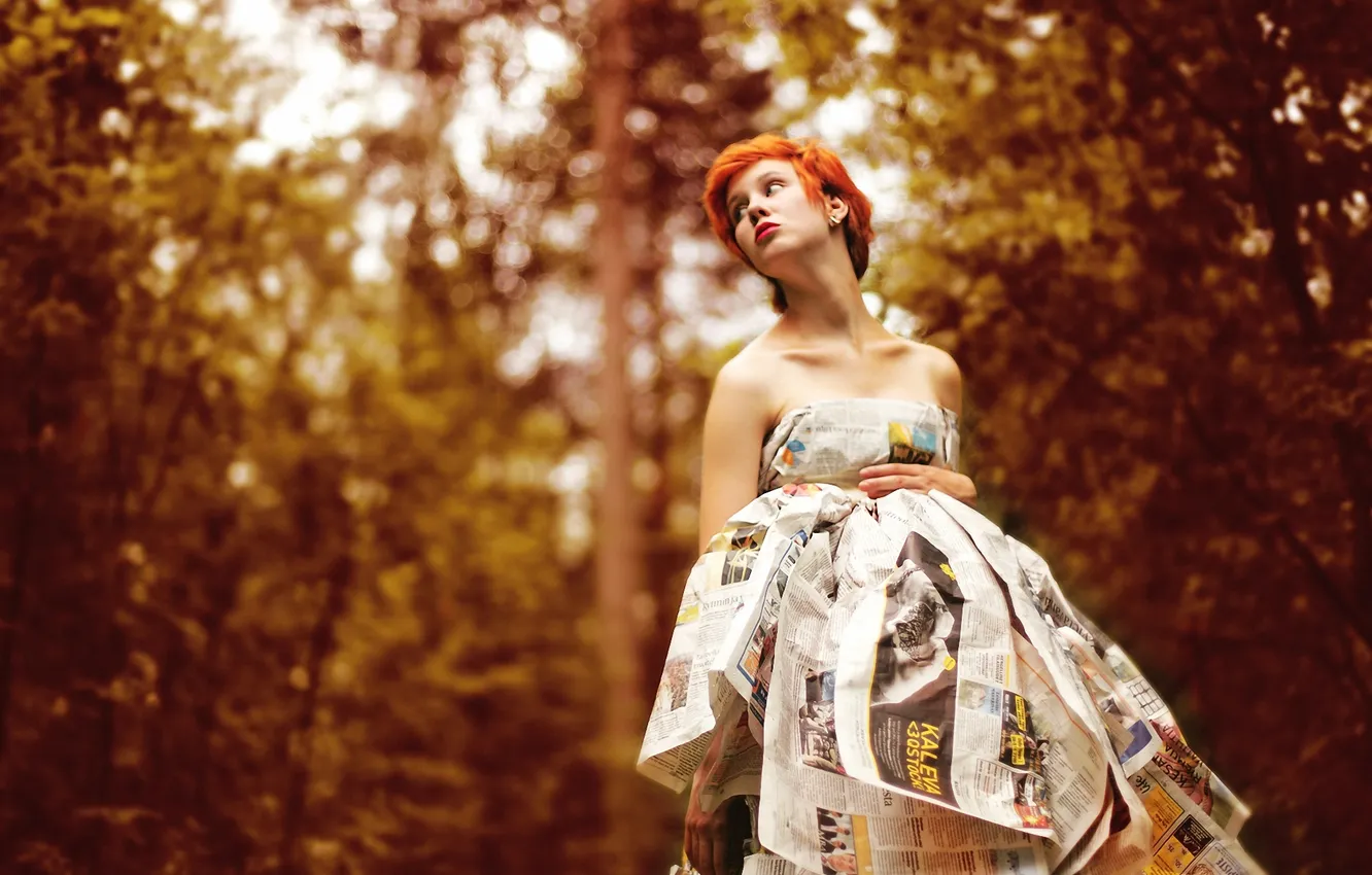 Photo wallpaper forest, girl, dress, newspaper, red