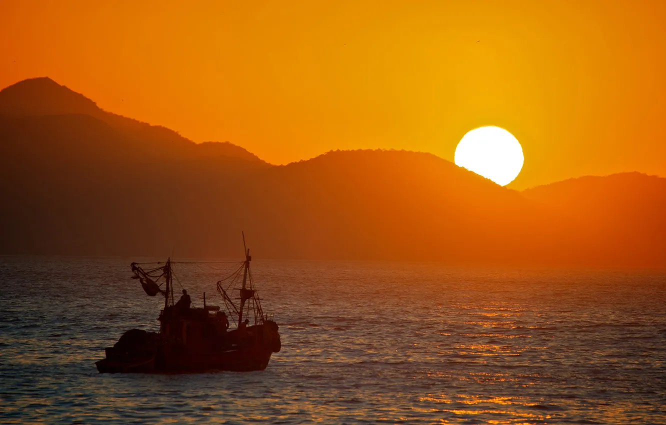 Photo wallpaper sea, the sun, sunset, mountains, ship, China
