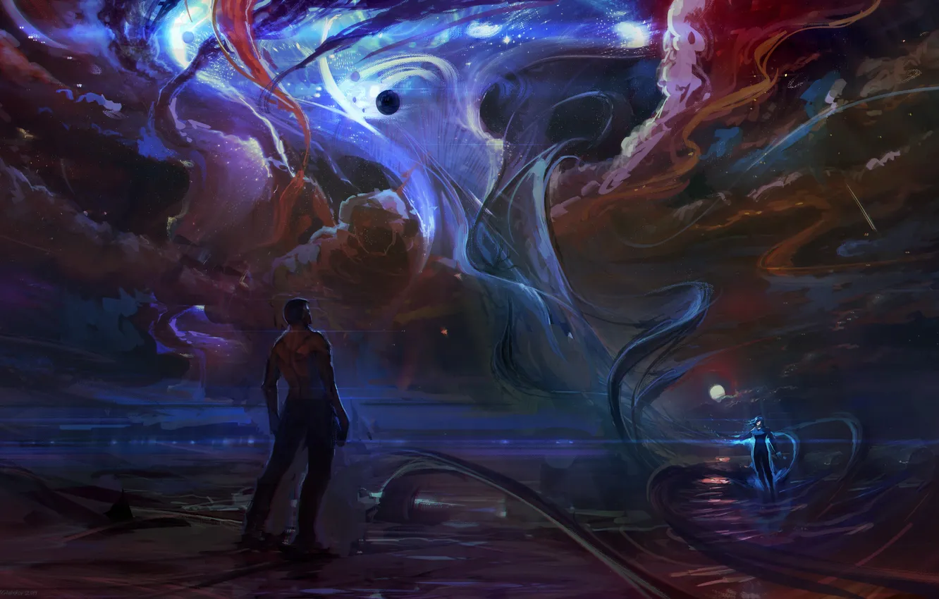 Photo wallpaper stars, night, the moon, people, glow