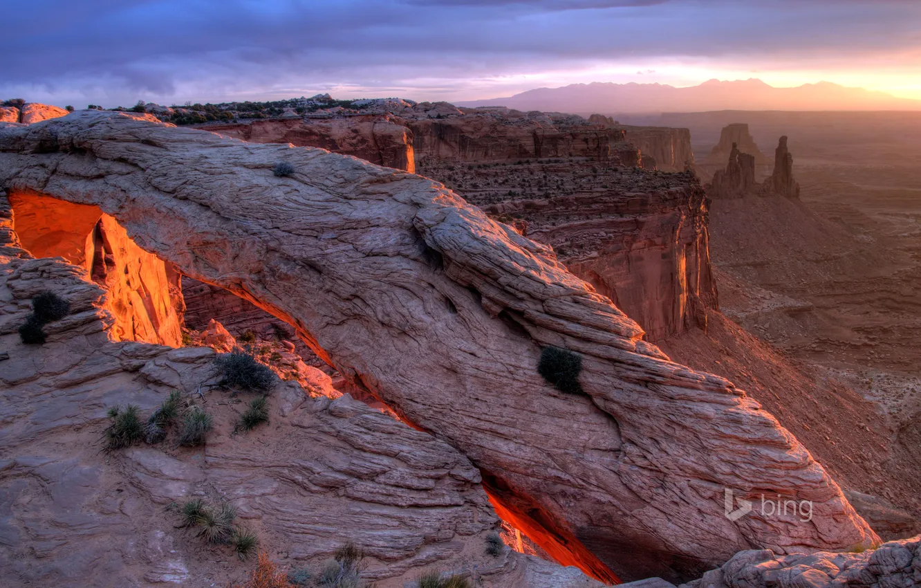 Photo wallpaper the sky, sunset, mountains, rocks, canyon, Utah, USA, Mesa Arch