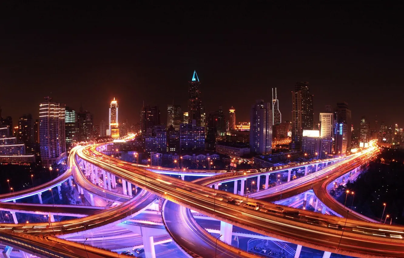Photo wallpaper night, lights, home, China, Shanghai, overpass