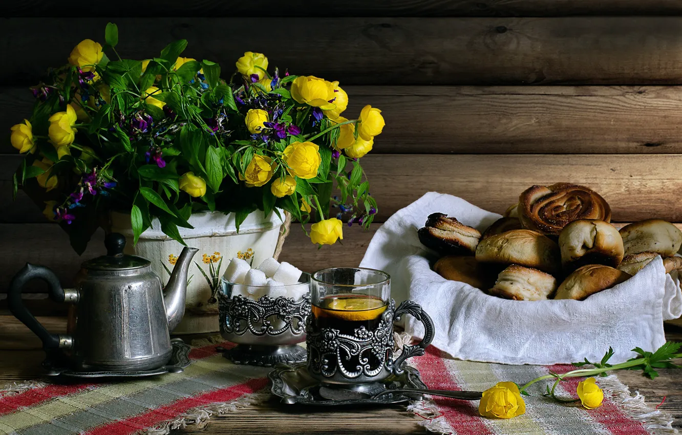 Photo wallpaper tea, sugar, buns