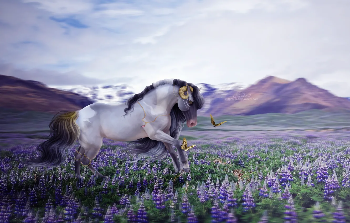 Photo wallpaper butterfly, flowers, mountains, nature, horse, by ellipsiem