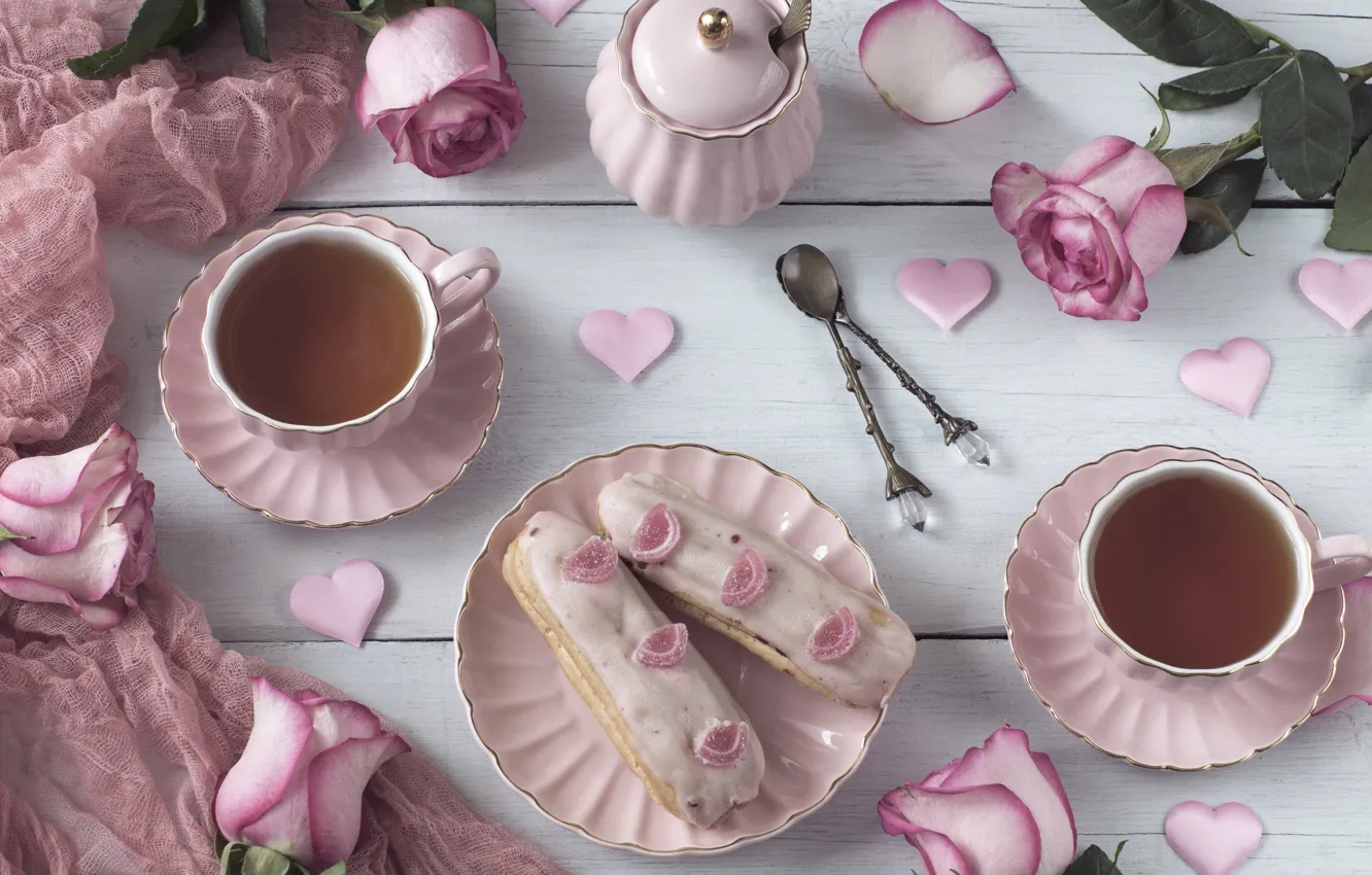 Photo wallpaper tea, roses, Cup, cake, saucers, eclairs, Julija Vilvarin