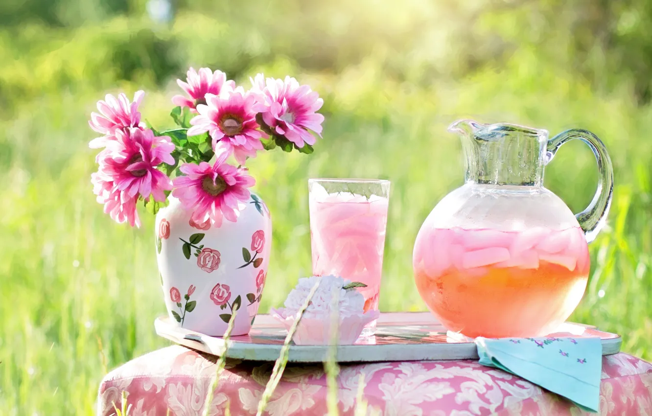 Photo wallpaper summer, grass, flowers, nature, glass, bouquet, vase, drink