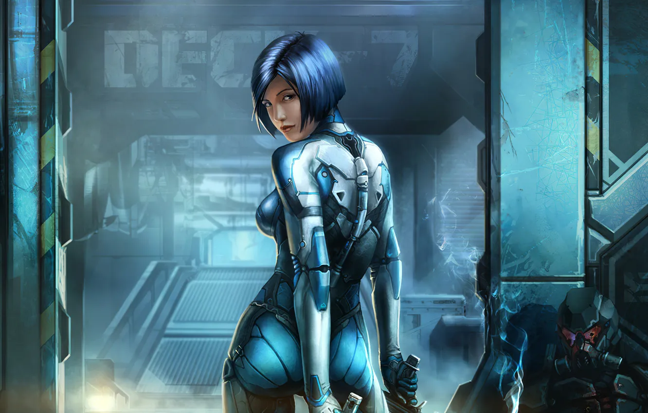 Photo wallpaper look, girl, the building, girl, cyborg, look, sector, sector
