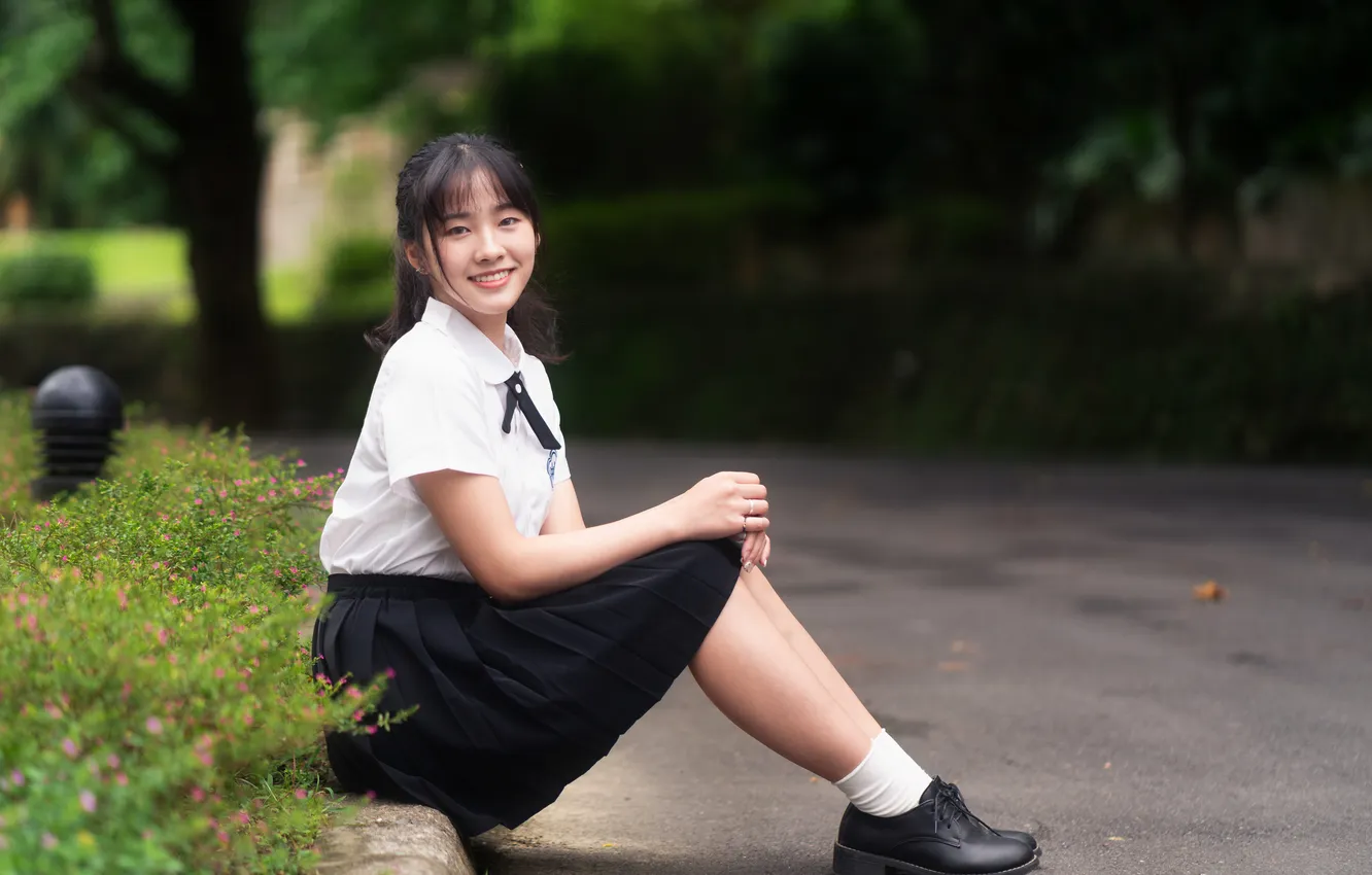 Photo wallpaper girl, smile, schoolgirl, uniform