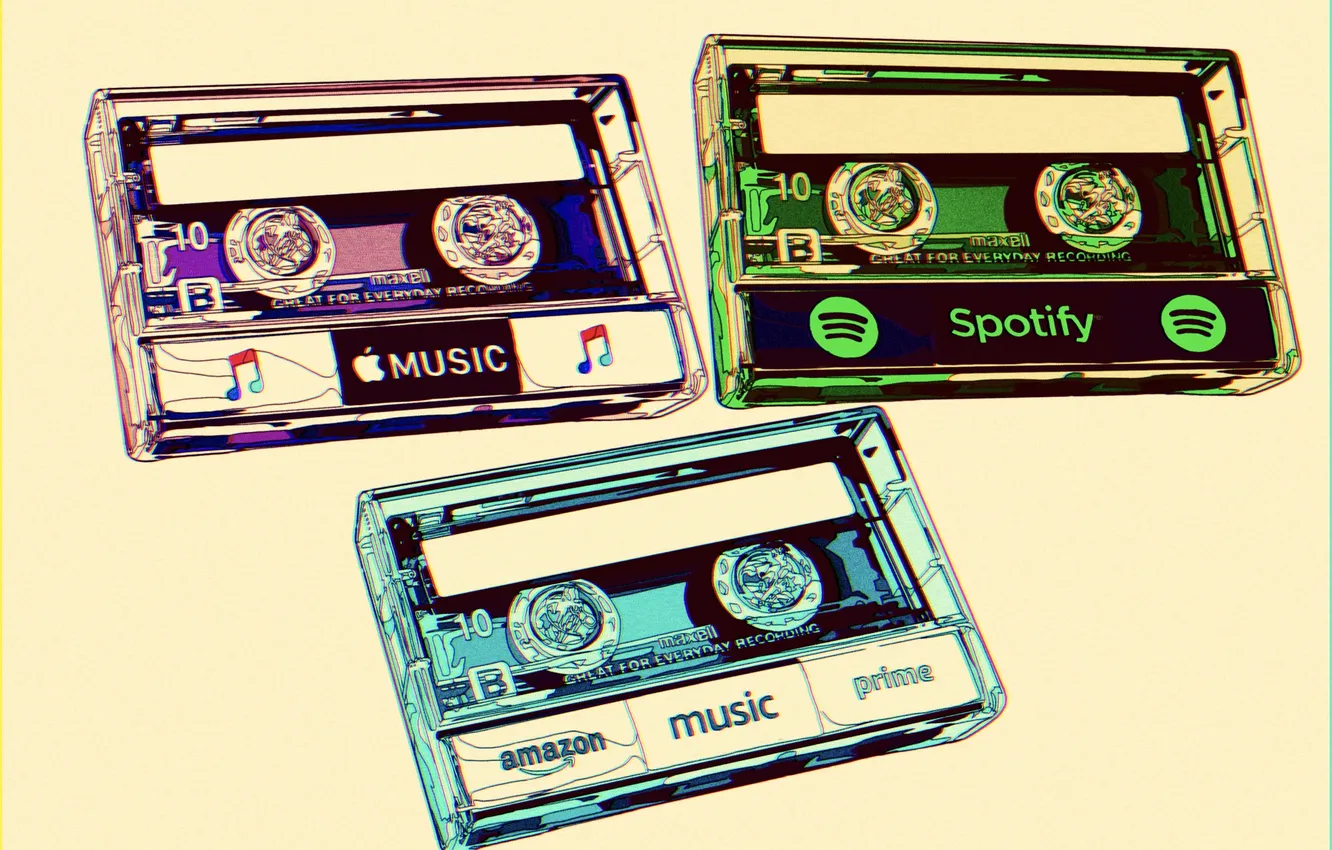 Photo wallpaper Music, digital art, white background, Spotify, Amazon Prime, Cassette