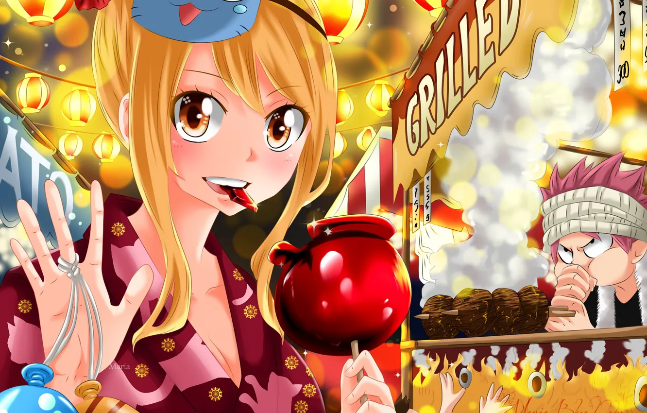 Photo wallpaper mask, fairy tail, Lucy, Natsu Dragneel, Happy, Fairy tail