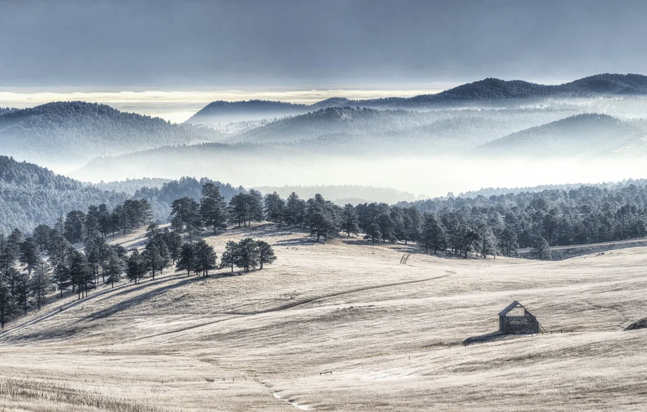 Photo wallpaper mountains, fog, valley