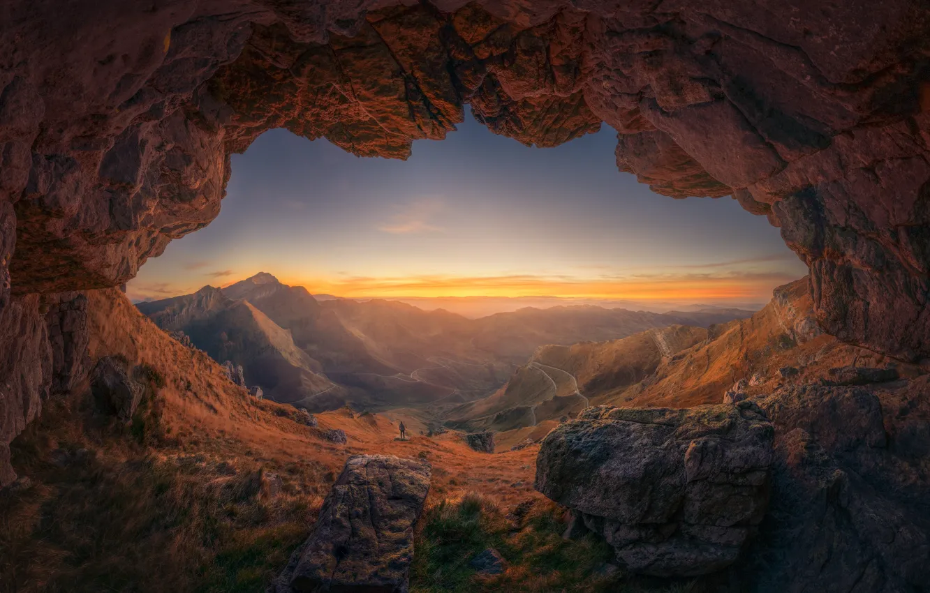 Photo wallpaper mountains, stones, people, view, dal, cave, tourists