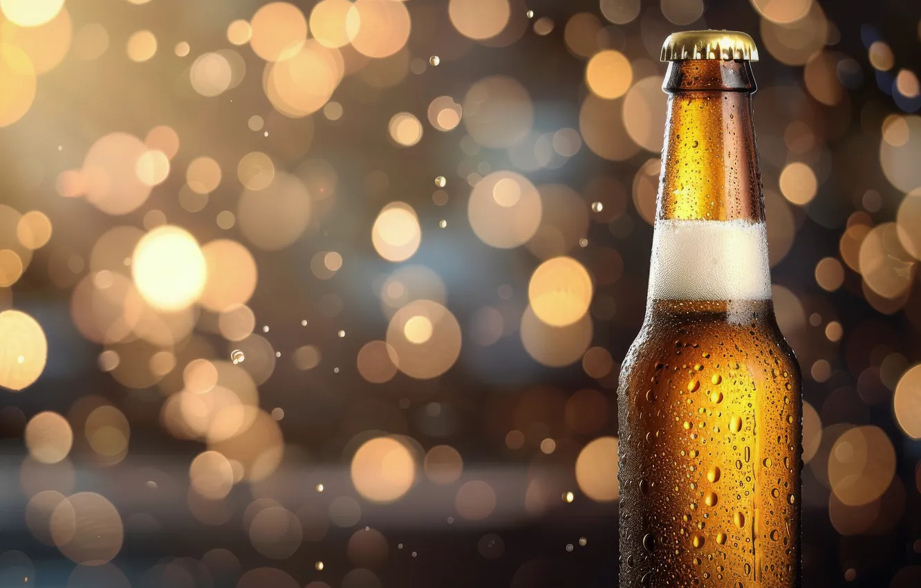 Photo wallpaper drops, light, lights, glare, bottle, beer, bokeh, AI art