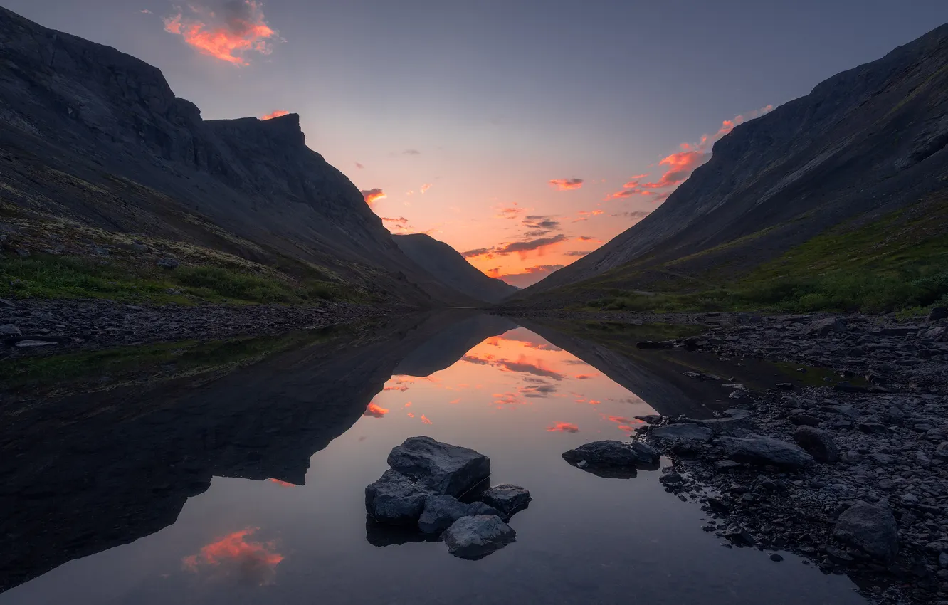 Photo wallpaper mountains, river, stones, the evening, space, Istomin Vitaly