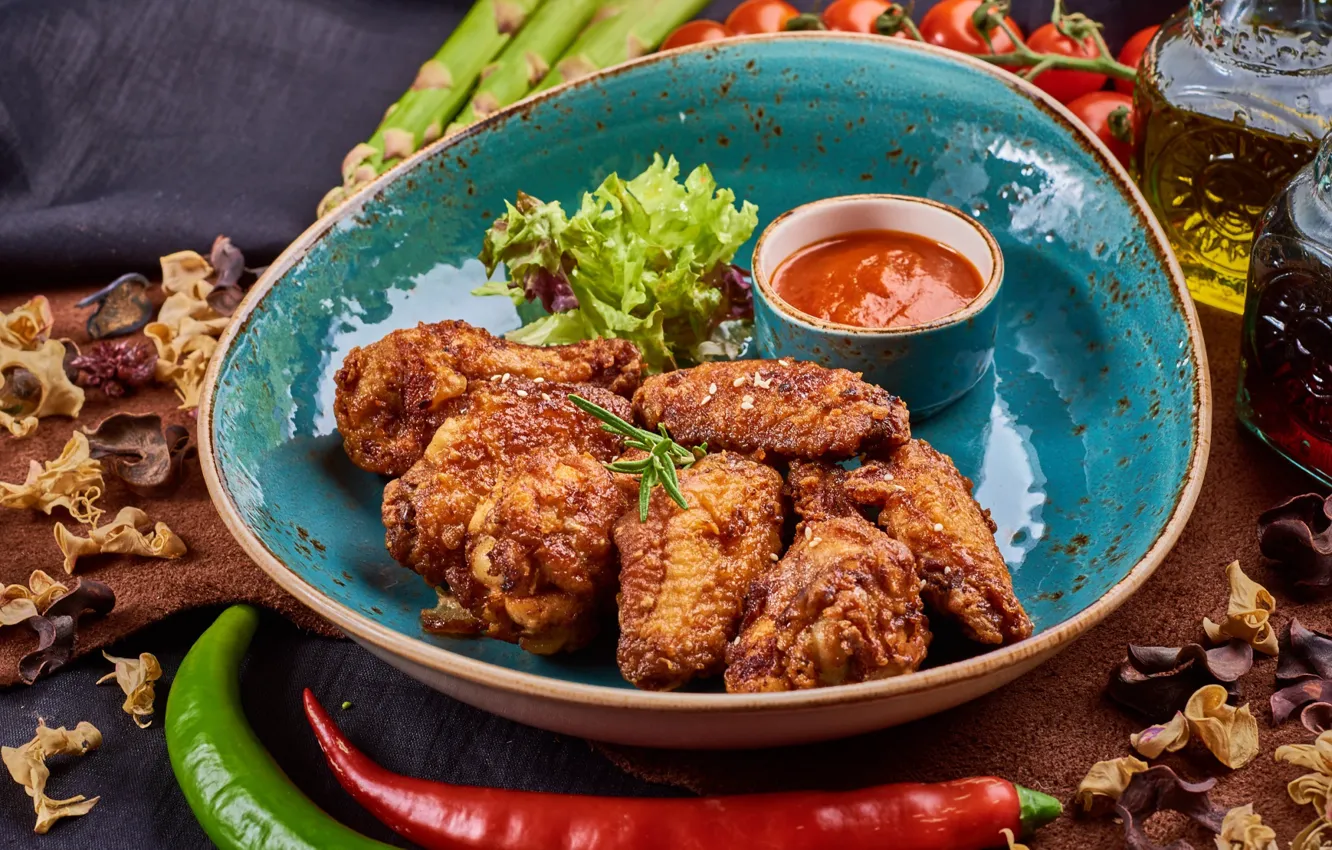 Photo wallpaper chicken, meat, wings, sauce