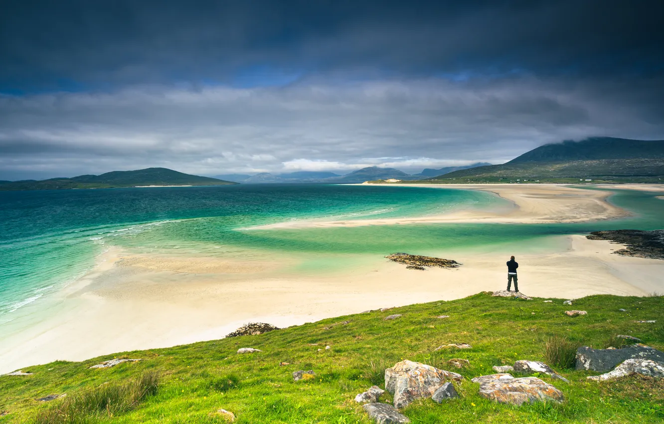 Photo wallpaper sea, greens, beach, the sky, clouds, blue, stones, hills