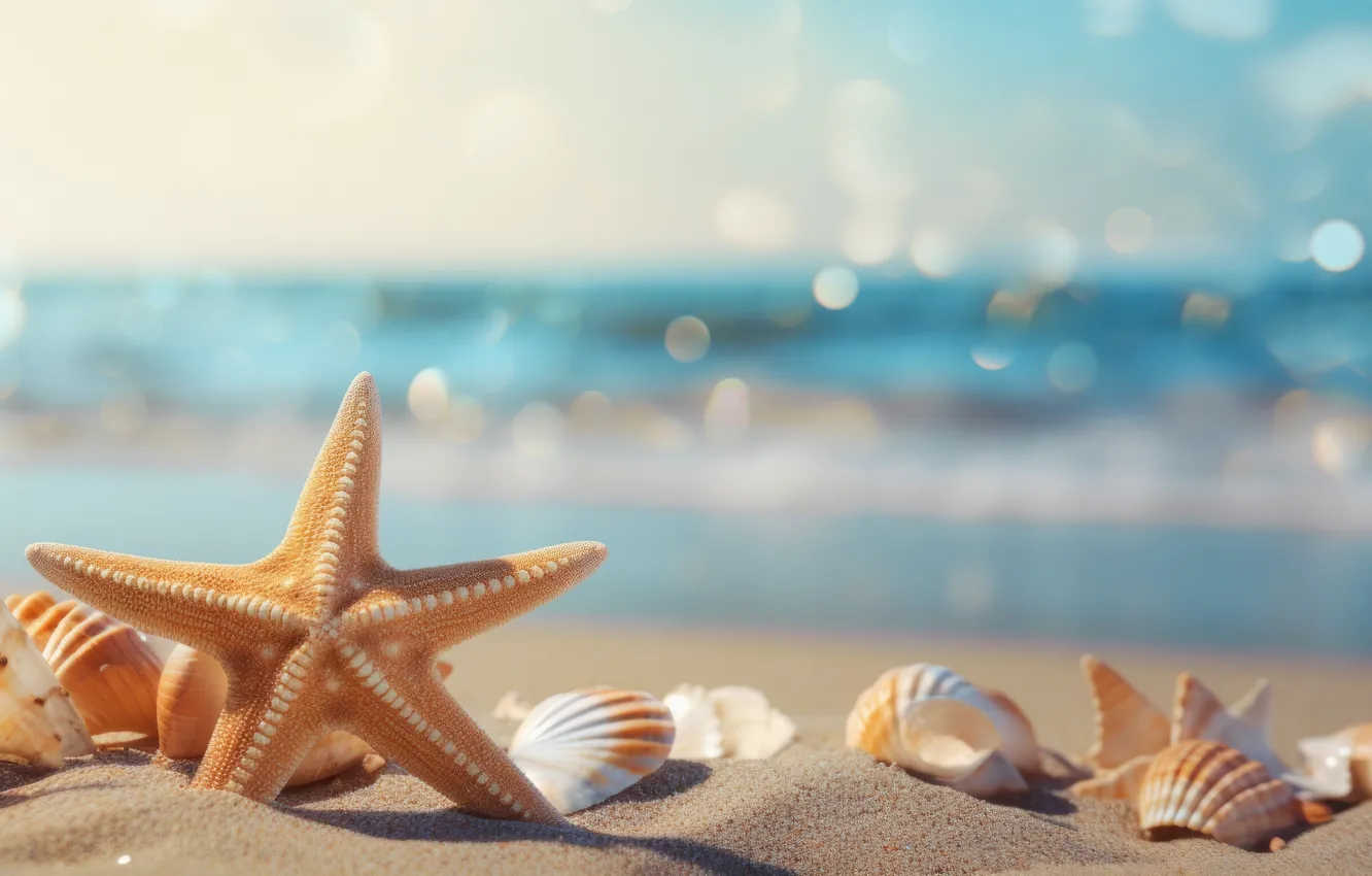 Photo wallpaper sea, beach, the ocean, shore, shell, starfish, seashells, seashell