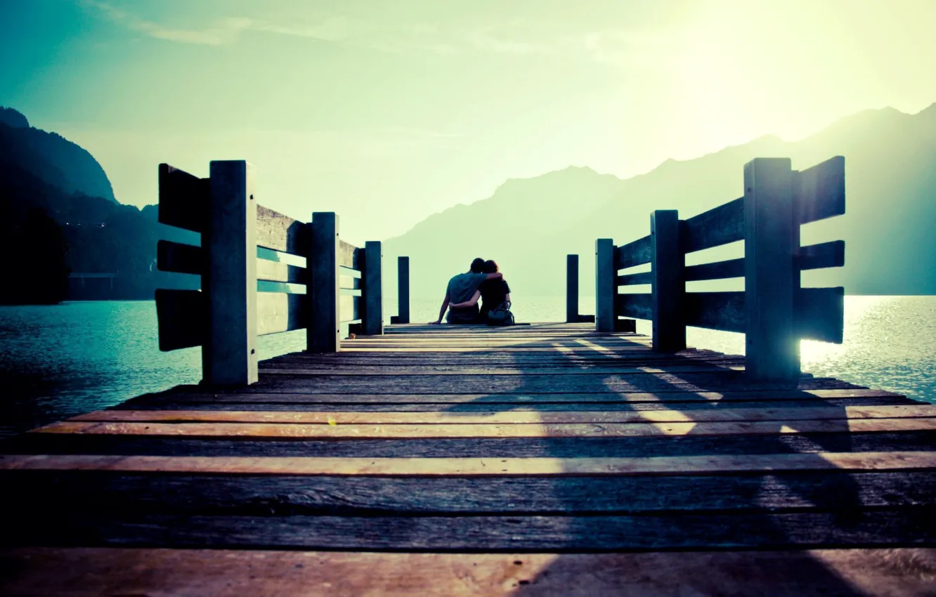 Photo wallpaper sea, the sky, water, girl, the sun, mountains, bridge, background