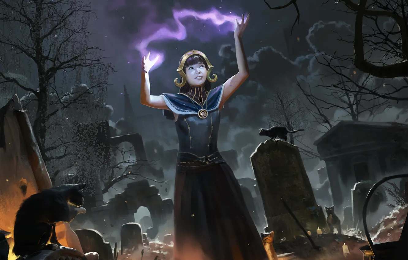 Photo wallpaper woman, cemetery, necromancer
