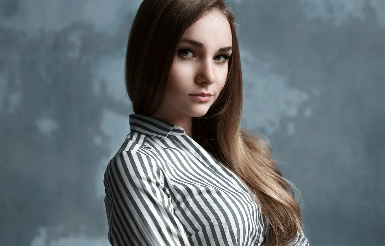 Photo wallpaper look, pose, background, model, portrait, makeup, hairstyle, shirt