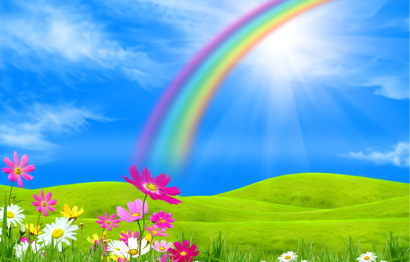 Photo wallpaper field, trees, landscape, flowers, nature, rainbow