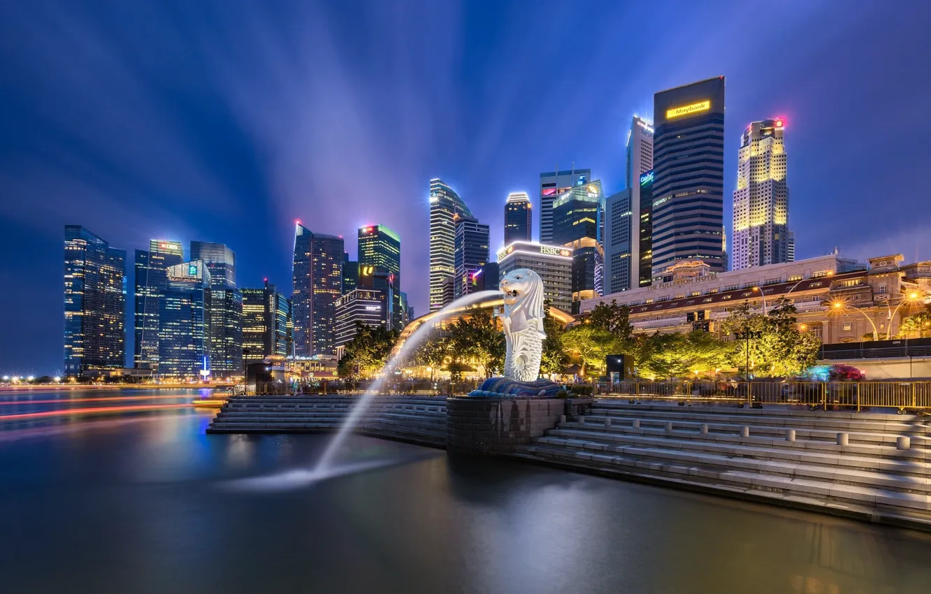 Photo wallpaper rays, night, Singapore, fountain, Singapore