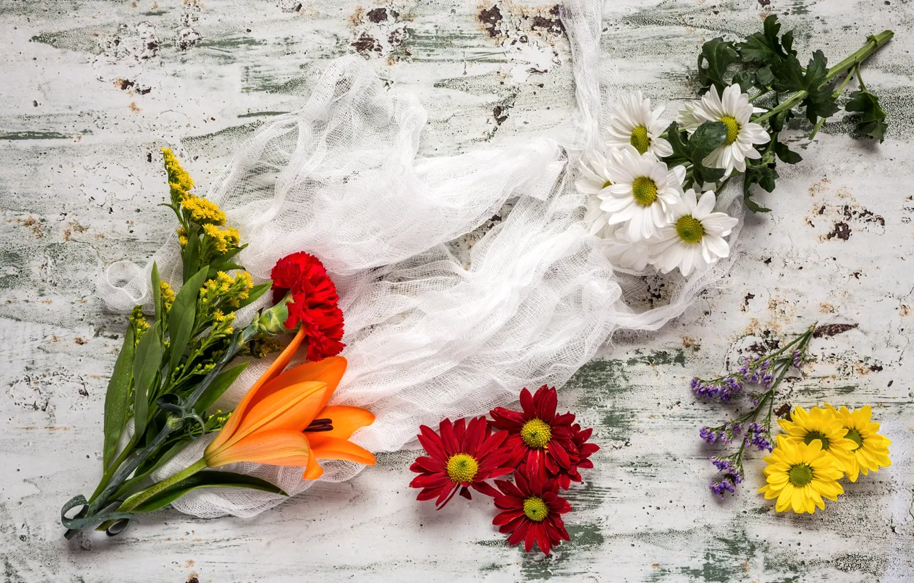 Photo wallpaper flowers, colorful, wood, flowers, composition, floral