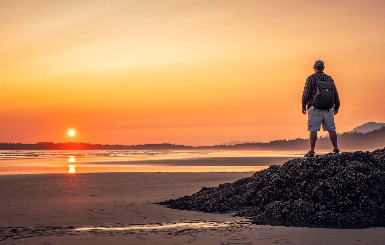 Photo wallpaper sand, beach, the sky, the sun, light, sunset, mountains, fog