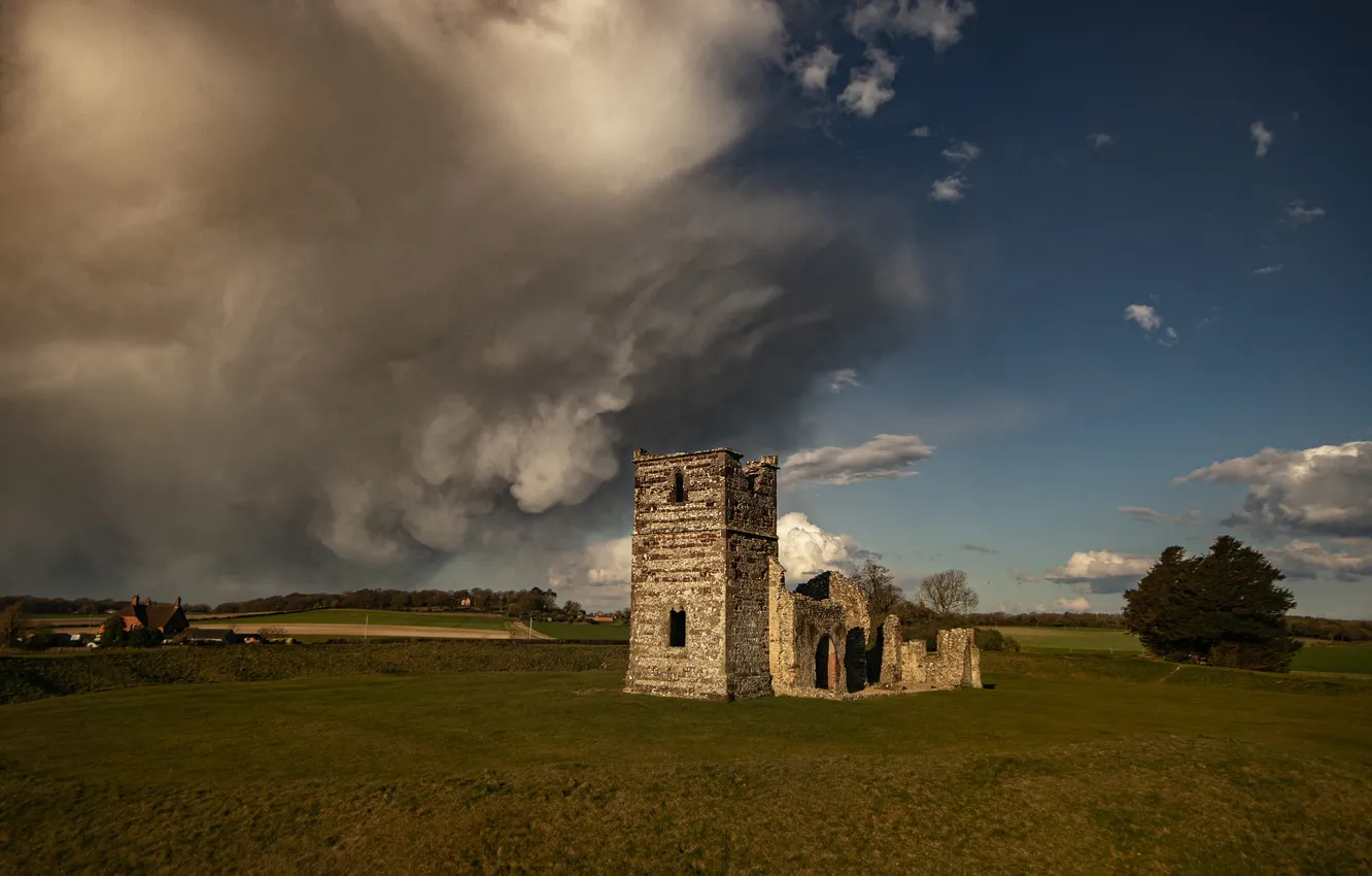 Photo wallpaper field, the sky, trees, clouds, castle, dal, Church, UK