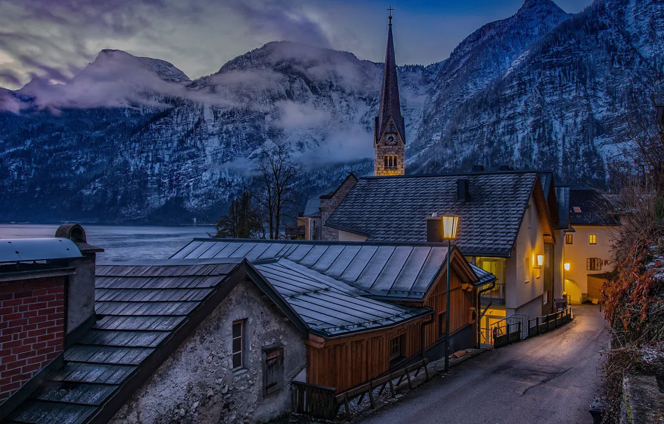 Photo wallpaper winter, clouds, snow, mountains, night, fog, lake, street