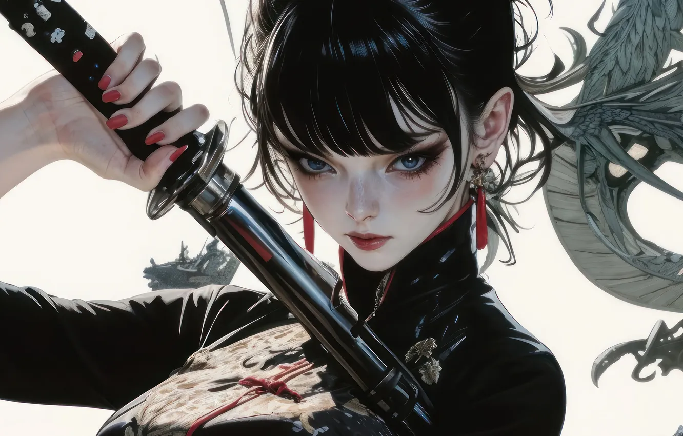 Photo wallpaper girl, black, anime, katana, dragon, white background, anime girl, AI Generated