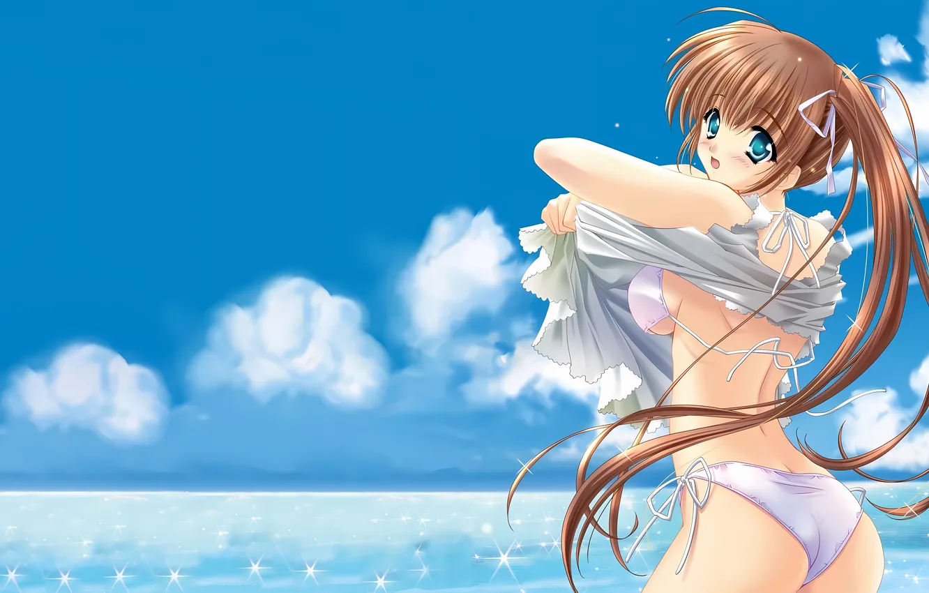 Photo wallpaper girl, sexy, ass, cleavage, beach, blouse, sky, green eyes