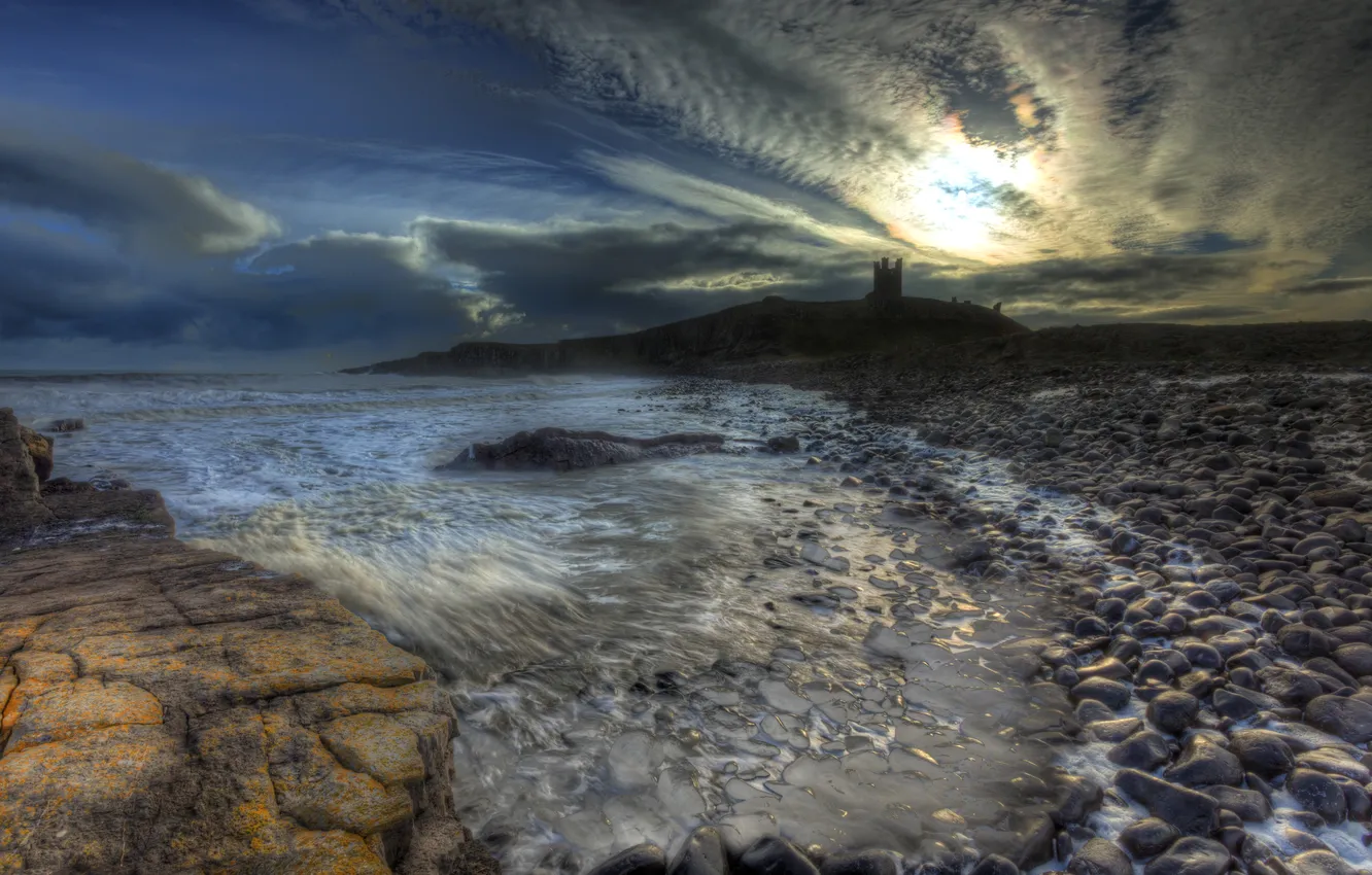 Photo wallpaper sea, the sky, sunset, clouds, stones, castle, coast, England