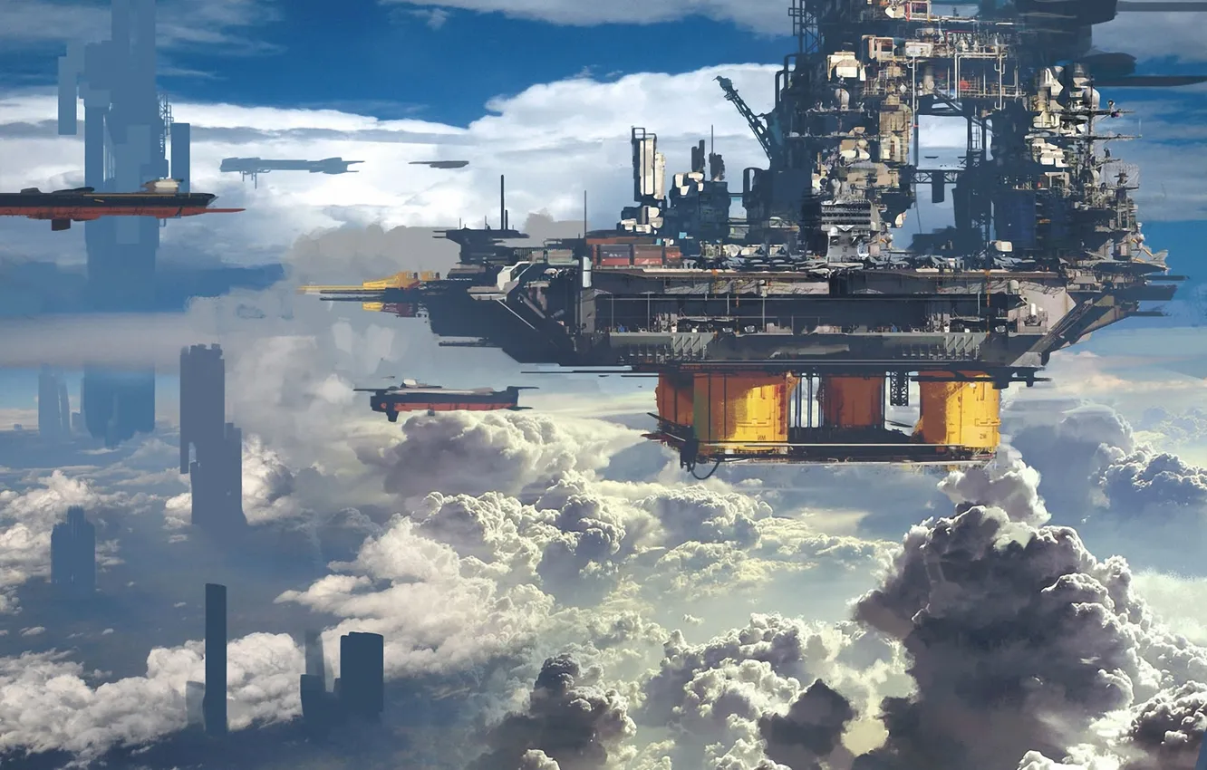 Photo wallpaper clouds, the city, ship, art, in the sky, sooruzhenie