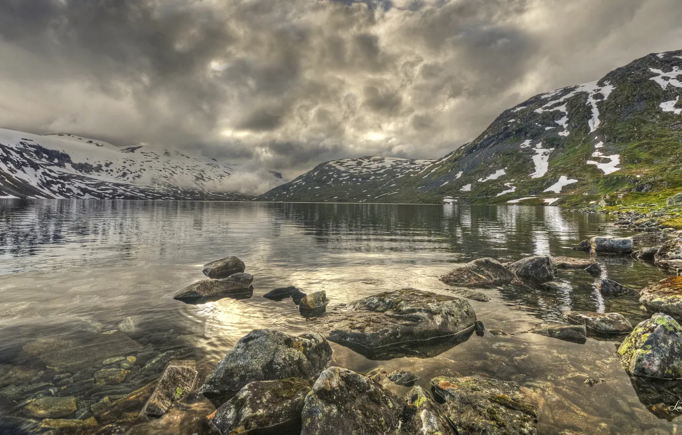 Photo wallpaper landscape, nature, lake, stones, HDR, Norway