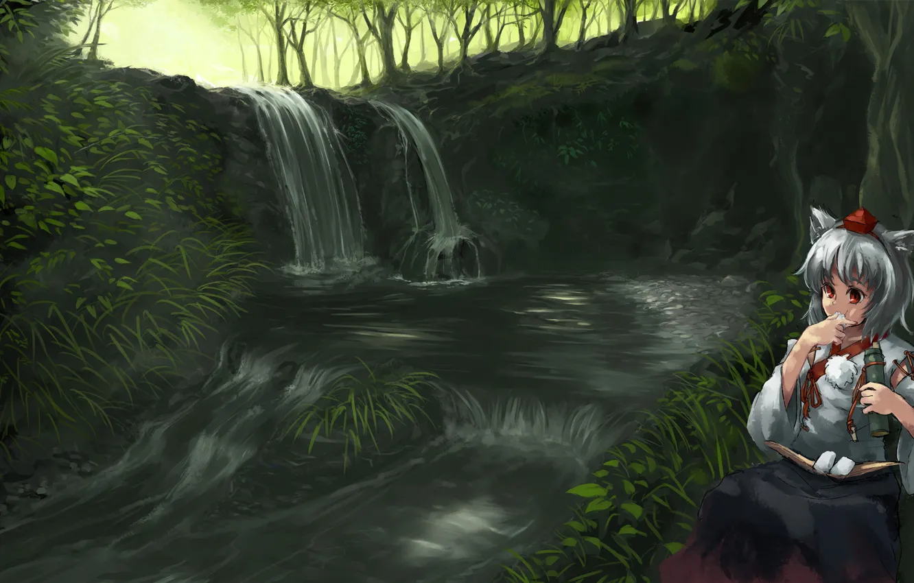 Photo wallpaper grass, leaves, water, girl, trees, roots, stones, waterfall