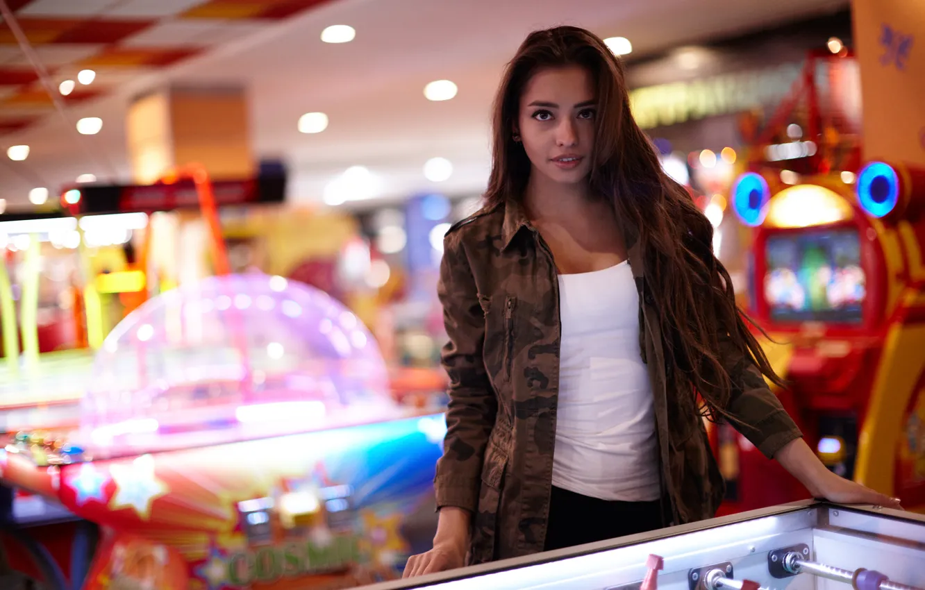 Photo wallpaper girl, joy, face, hair, the game, jacket, Darina, table football